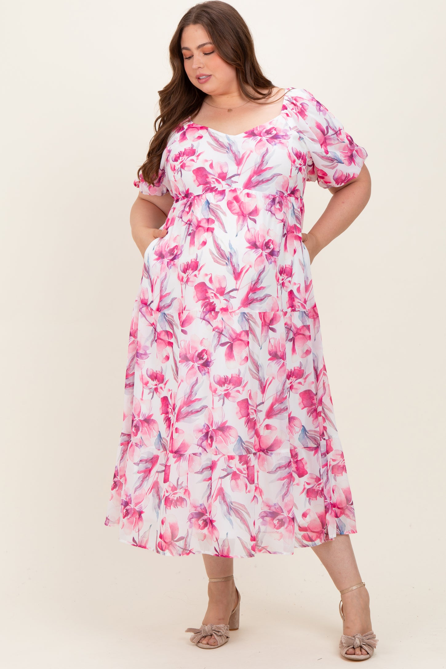 Pink Floral Chiffon Puff Sleeve Maternity Plus Midi Dress – PinkBlush