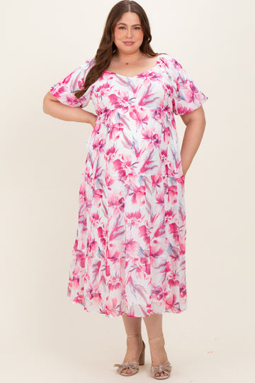 Pink Floral Chiffon Puff Sleeve Maternity Plus Midi Dress
