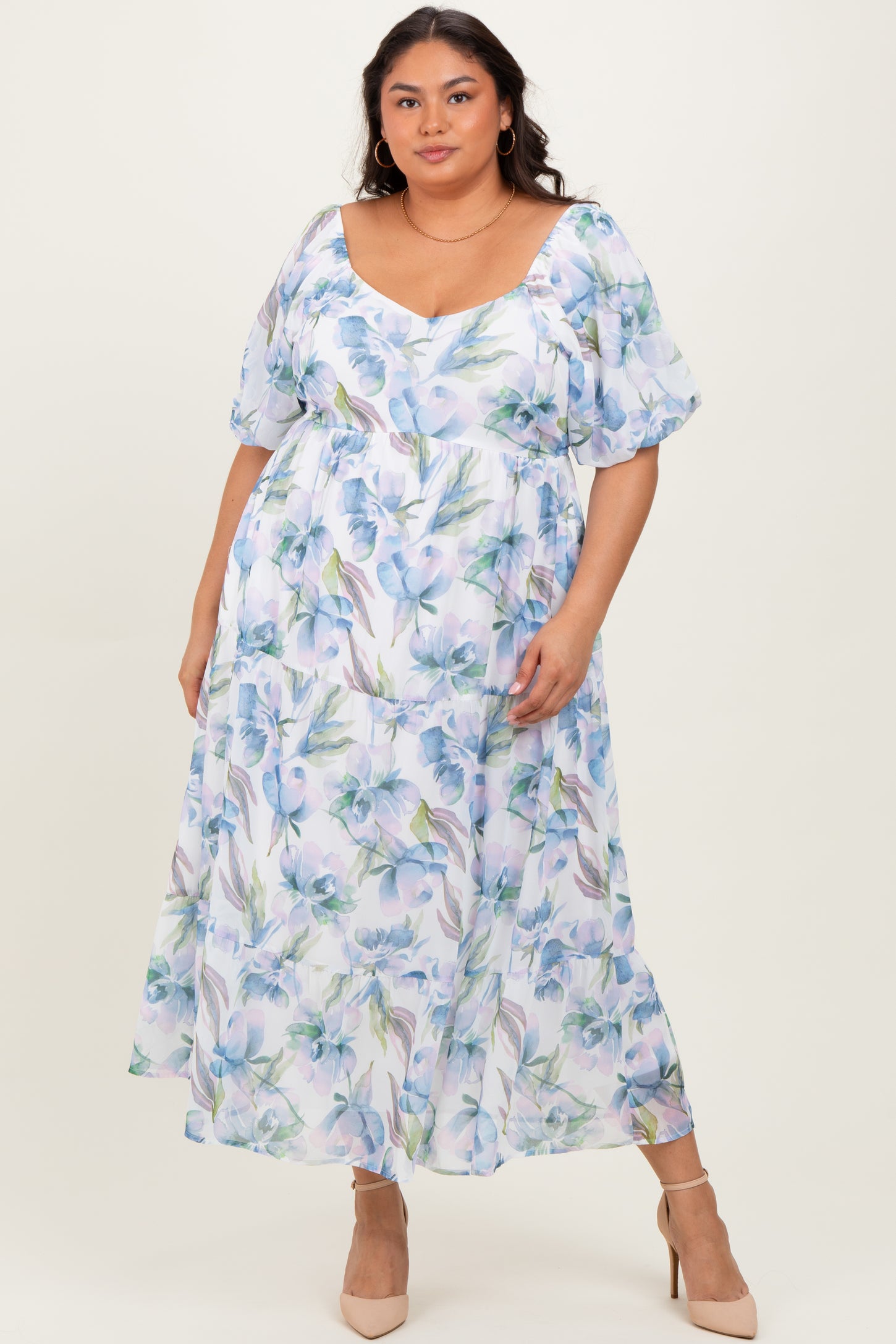 Blue Floral Chiffon Puff Sleeve Plus Midi Dress PinkBlush Blue Floral Chiffon Puff Sleeve Plus Midi Dress PinkBlush