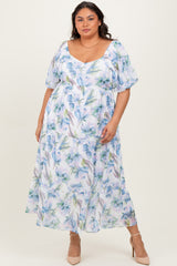 Blue Floral Chiffon Puff Sleeve Maternity Plus Midi Dress