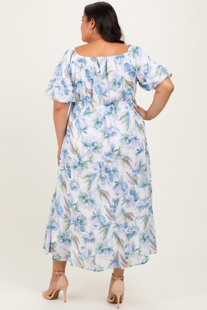 Blue Floral Chiffon Puff Sleeve Plus Midi Dress