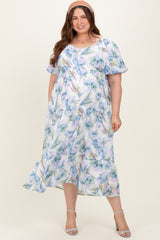 Blue Floral Chiffon Puff Sleeve Maternity Plus Midi Dress