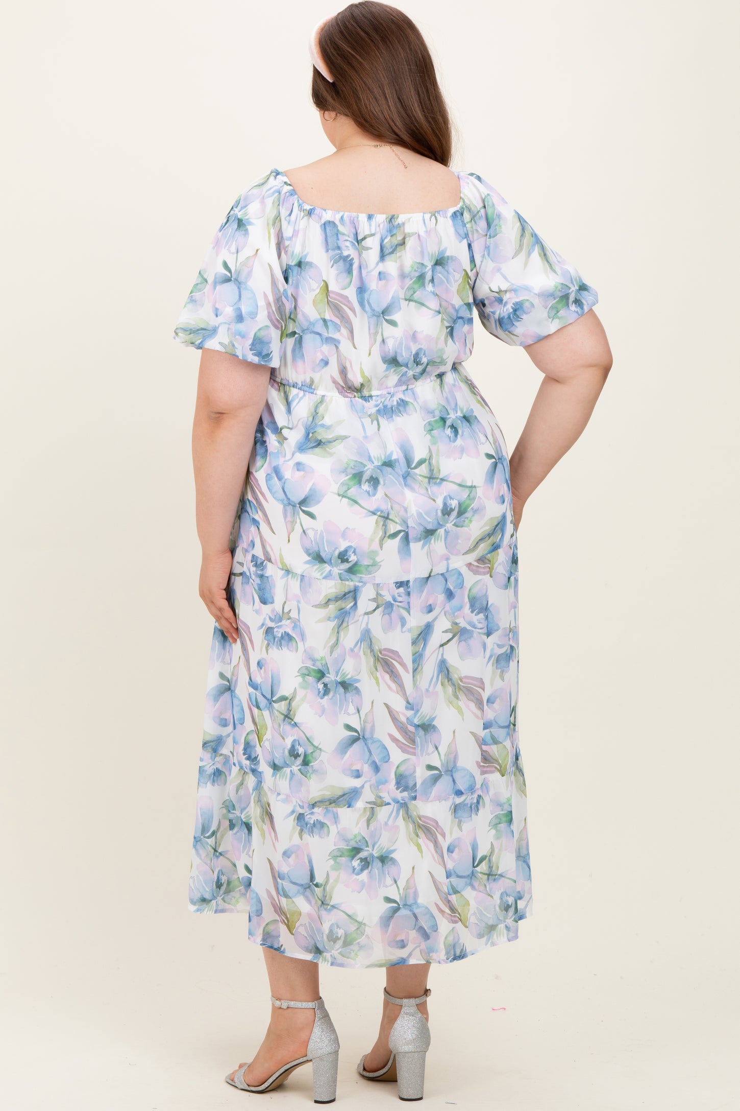 Blue Floral Chiffon Puff Sleeve Maternity Plus Midi Dress