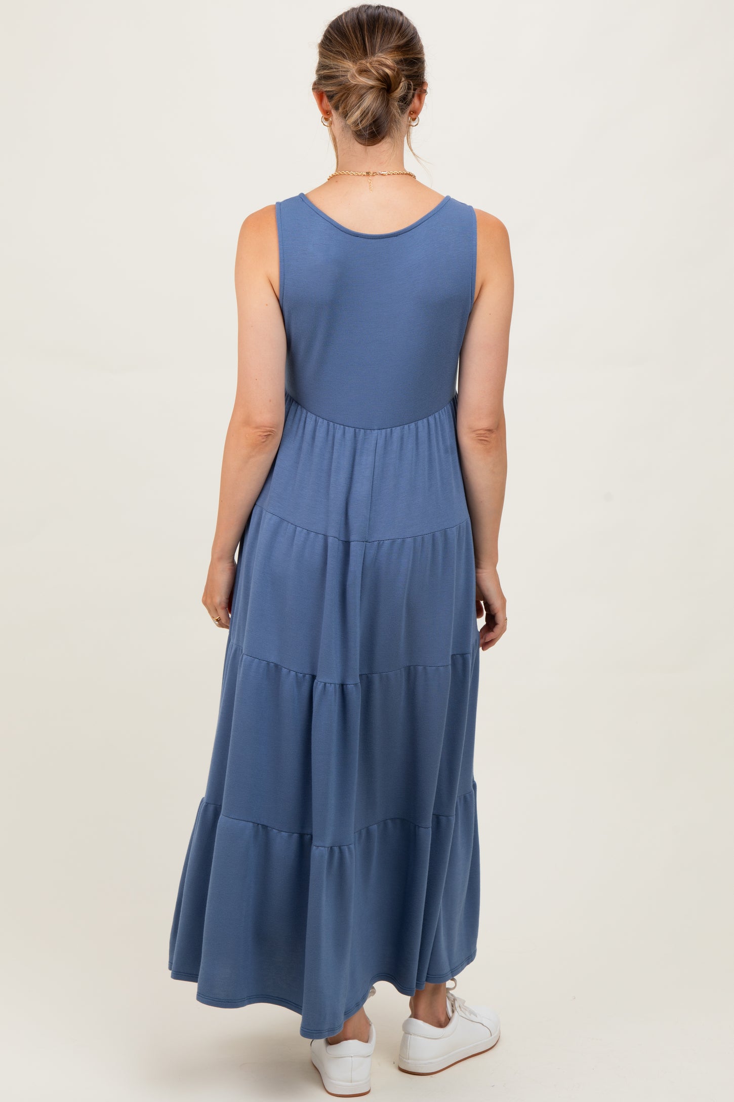 Navy Blue Solid Tiered French Terry Maternity Maxi Dress