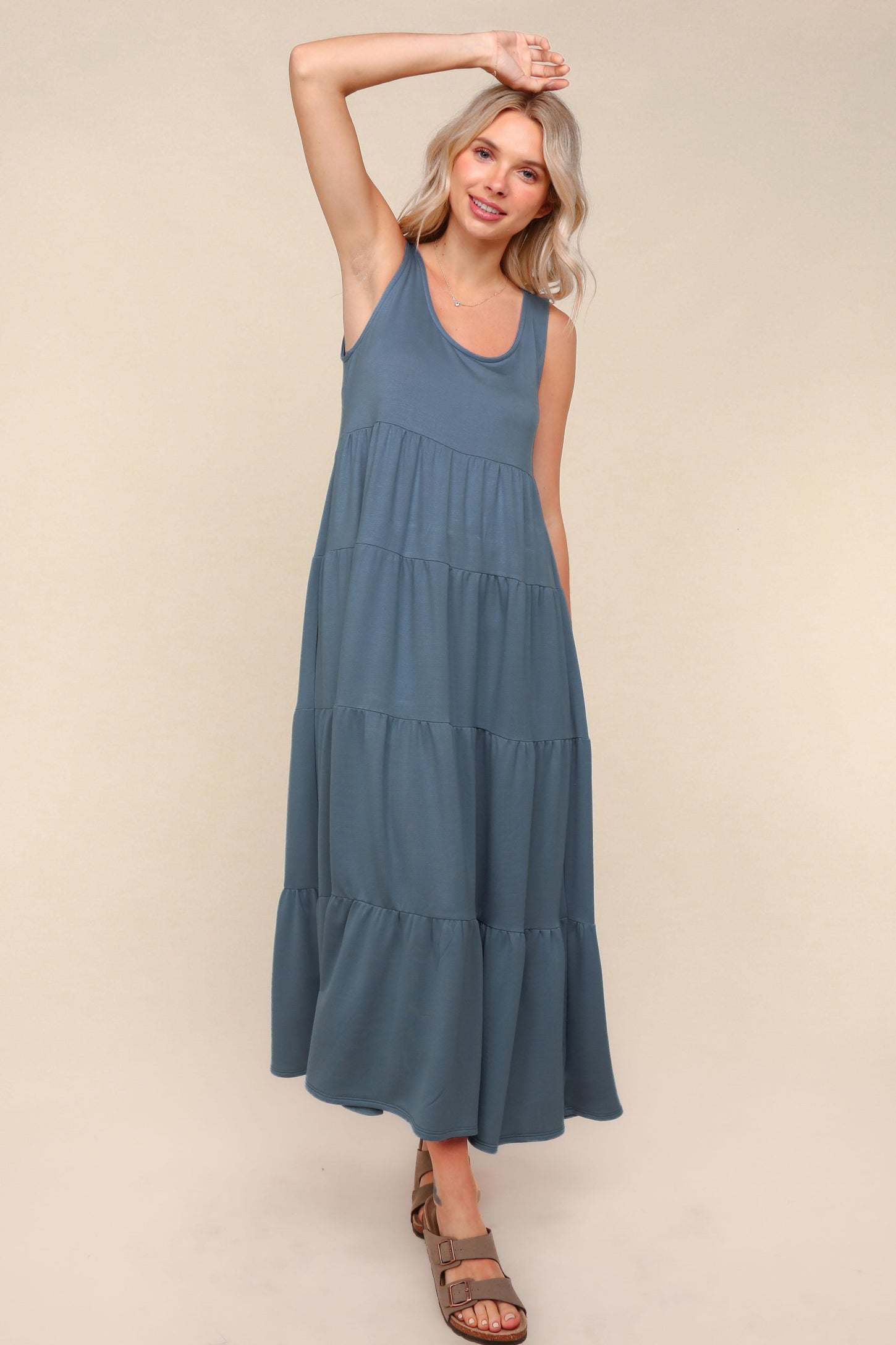 Navy Blue Solid Tiered French Terry Maxi Dress