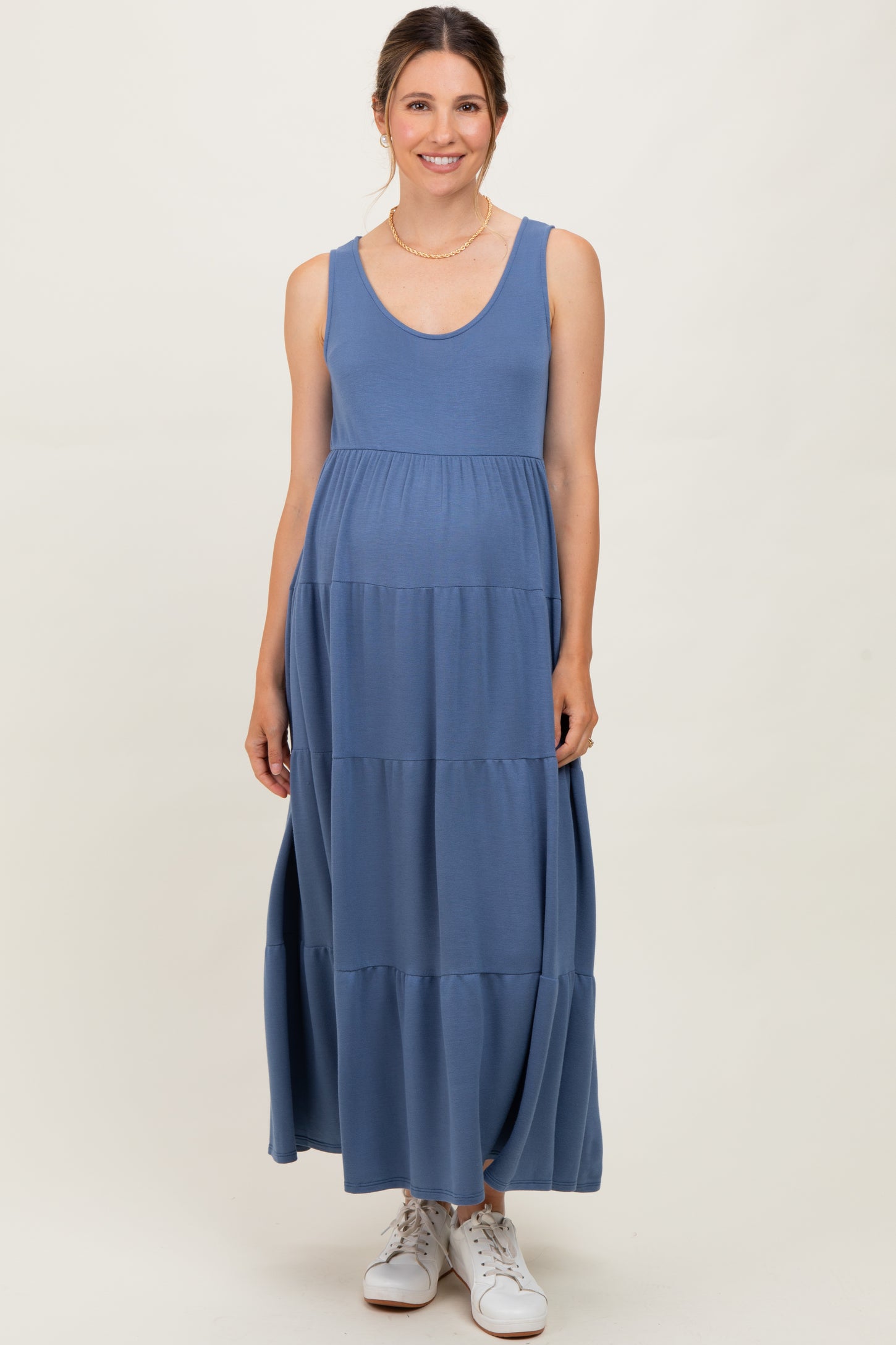Navy Blue Solid Tiered French Terry Maternity Maxi Dress