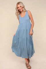 Light Blue Solid Tiered French Terry Maxi Dress