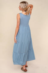 Light Blue Solid Tiered French Terry Maxi Dress