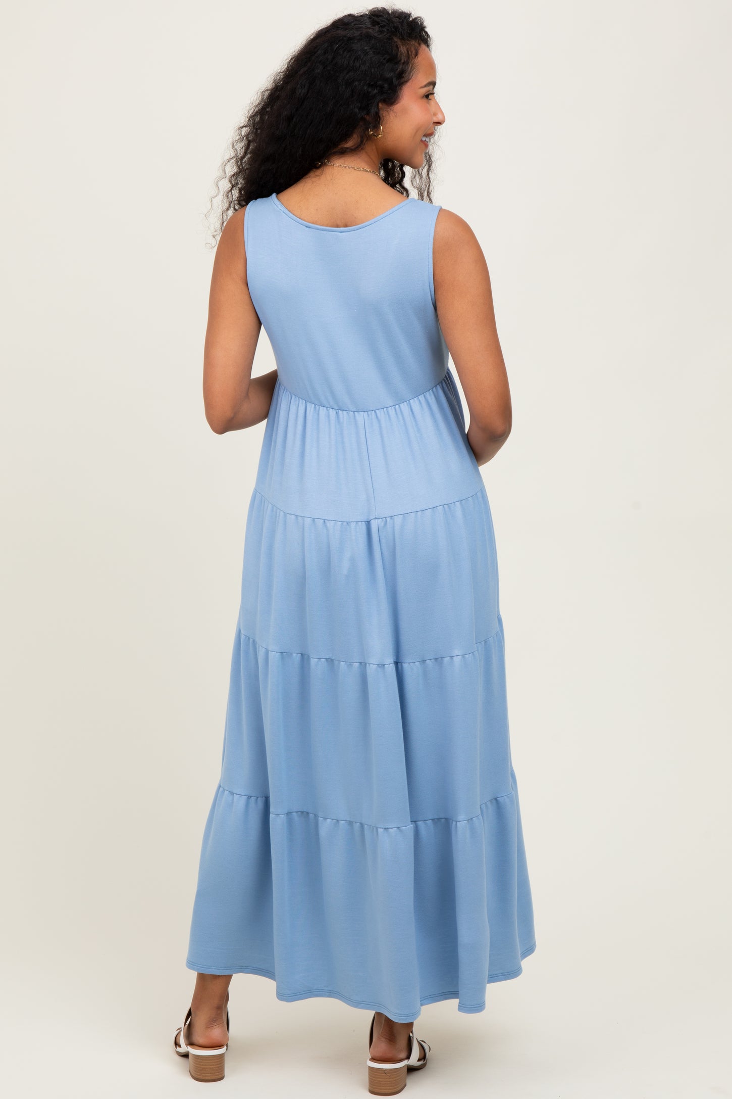 Light Blue Solid Tiered French Terry Maternity Maxi Dress Light Blue Solid Tiered French Terry Maternity Maxi Dress