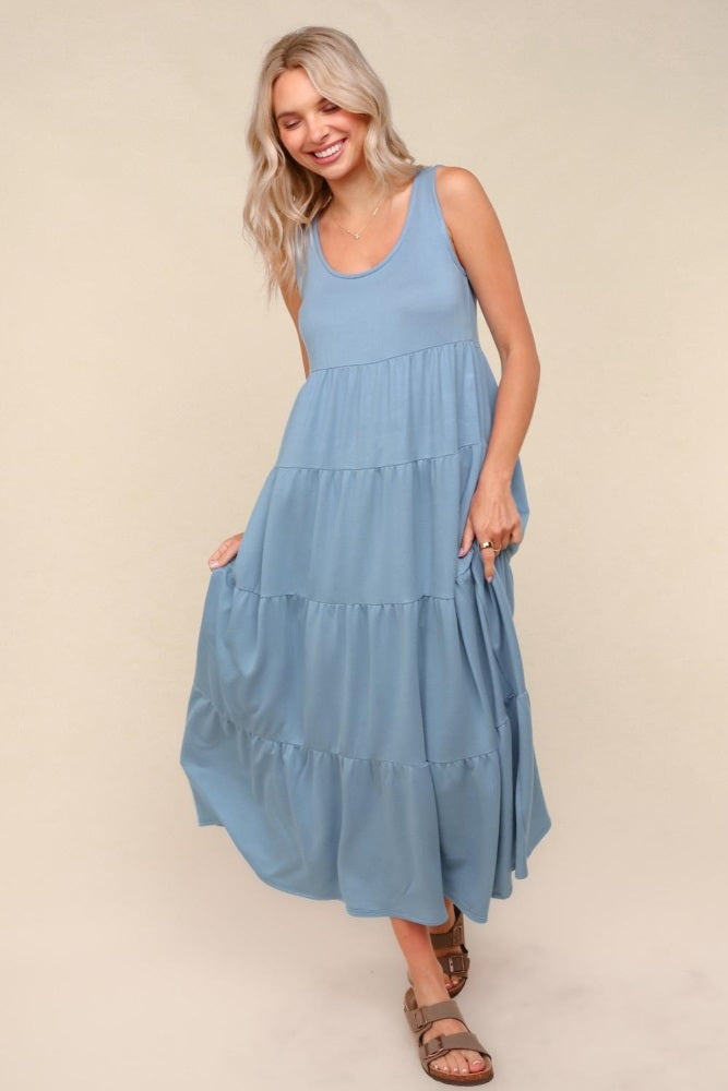Light Blue Solid Tiered French Terry Maxi Dress