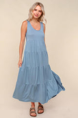 Light Blue Solid Tiered French Terry Maternity Maxi Dress