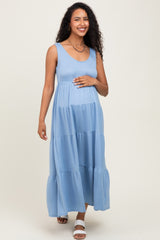 Light Blue Solid Tiered French Terry Maternity Maxi Dress