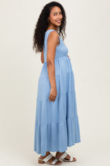 Light Blue Solid Tiered French Terry Maternity Maxi Dress