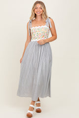 Grey Floral Striped Sleeveless Shoulder Tie Midi Dress