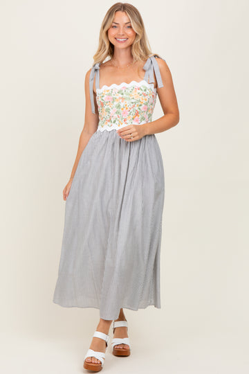 Grey Floral Striped Sleeveless Shoulder Tie Midi Dress
