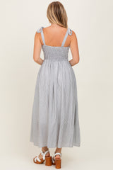 Grey Floral Striped Sleeveless Shoulder Tie Midi Dress