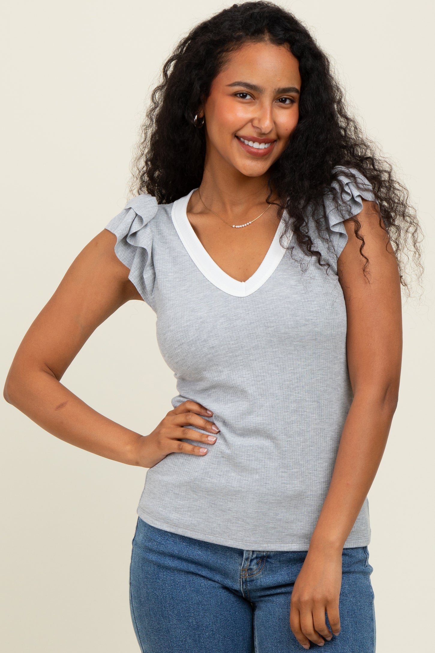 Heather Grey/ Ivory Solid Ribbed Ruffle Sleeve Fitted Maternity Top