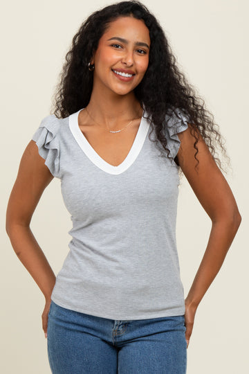 Heather Grey/ Ivory Solid Ribbed Ruffle Sleeve Fitted Top