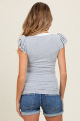 Heather Grey/ Ivory Solid Ribbed Ruffle Sleeve Fitted Maternity Top