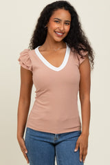 Beige/ Ivory Solid Ribbed Ruffle Sleeve Fitted Maternity Top