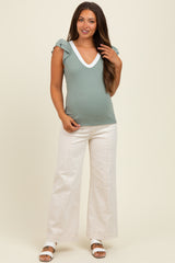 Sage/ Ivory Solid Ribbed Ruffle Sleeve Fitted Maternity Top