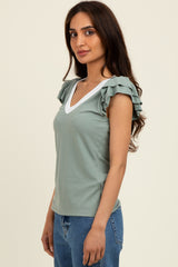 Sage/ Ivory Solid Ribbed Ruffle Sleeve Fitted Top