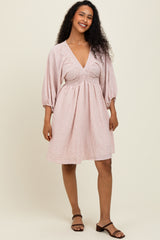 Mauve Striped Balloon Sleeve V-Neck Dress