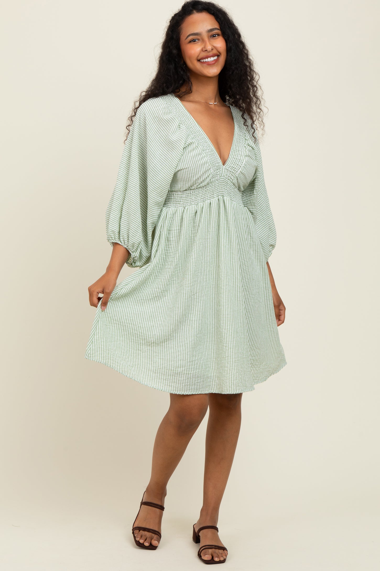 Sage Striped Balloon Sleeve V-Neck Dress