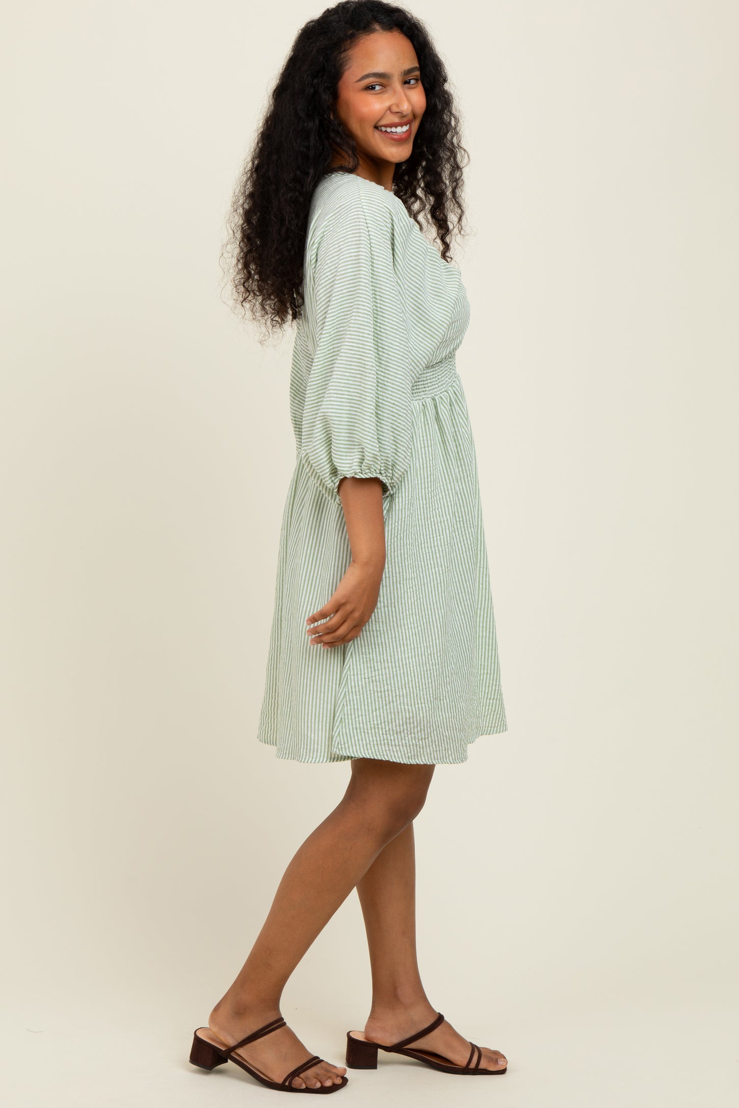 Sage Striped Balloon Sleeve V-Neck Dress
