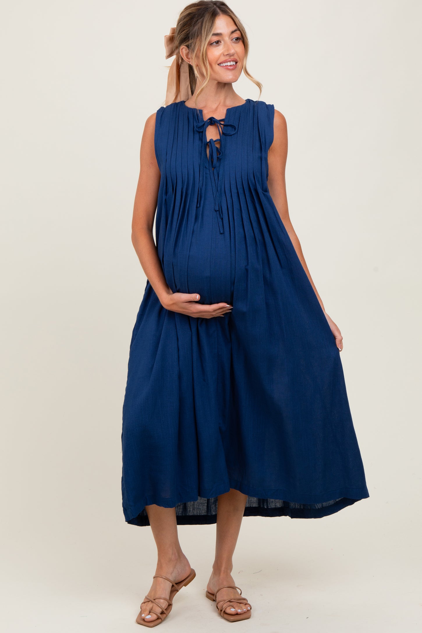 Navy Pleated Double Front Tie Sleeveless Maternity Midi Dress