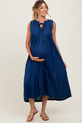 Navy Pleated Double Front Tie Sleeveless Maternity Midi Dress