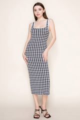 White Gingham Knit Square Neck Sleeveless Maternity Midi Dress