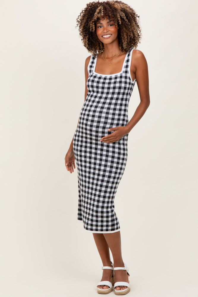 White Gingham Knit Square Neck Sleeveless Maternity Midi Dress