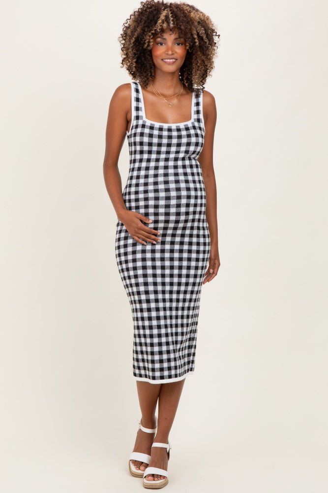White Gingham Knit Square Neck Sleeveless Maternity Midi Dress
