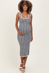 White Gingham Knit Square Neck Sleeveless Maternity Midi Dress