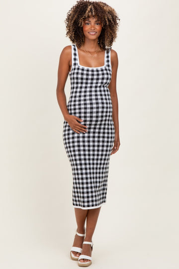White Gingham Knit Square Neck Sleeveless Maternity Midi Dress