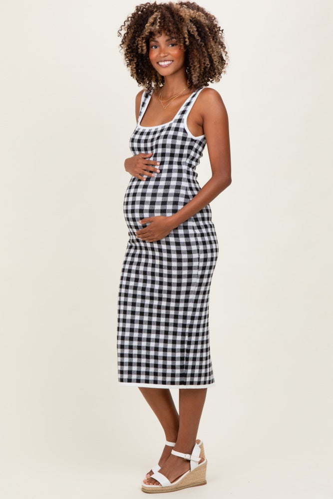 White Gingham Knit Square Neck Sleeveless Maternity Midi Dress