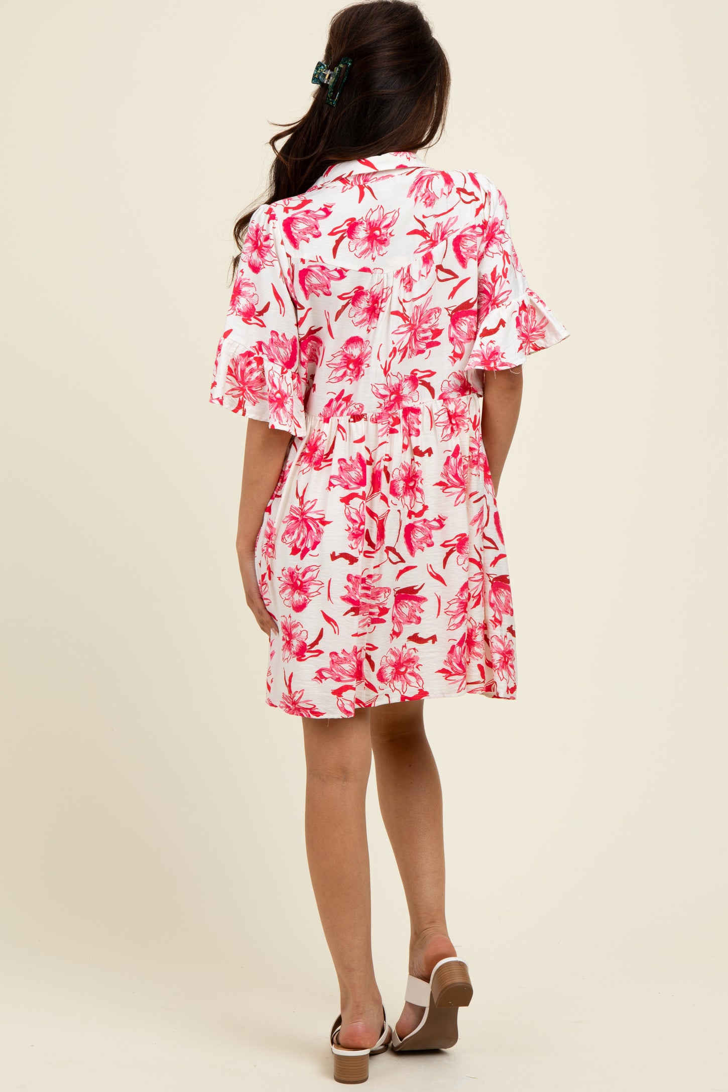 Red Floral V-Neck Crochet Trim Dress