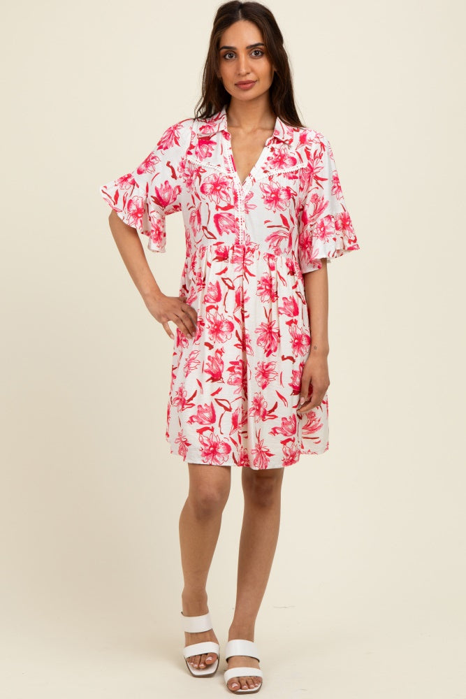 Red Floral V-Neck Crochet Trim Maternity Dress