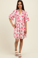 Red Floral V-Neck Crochet Trim Maternity Dress