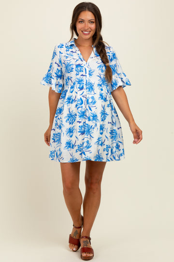 Blue Floral V-Neck Crochet Trim Maternity Dress