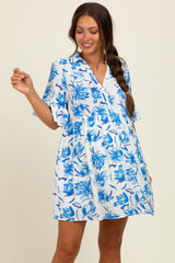 Blue Floral V-Neck Crochet Trim Maternity Dress