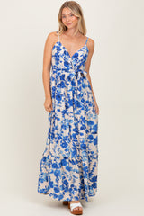 Blue Floral Tiered Sleeveless Sash Tie Maxi Dress