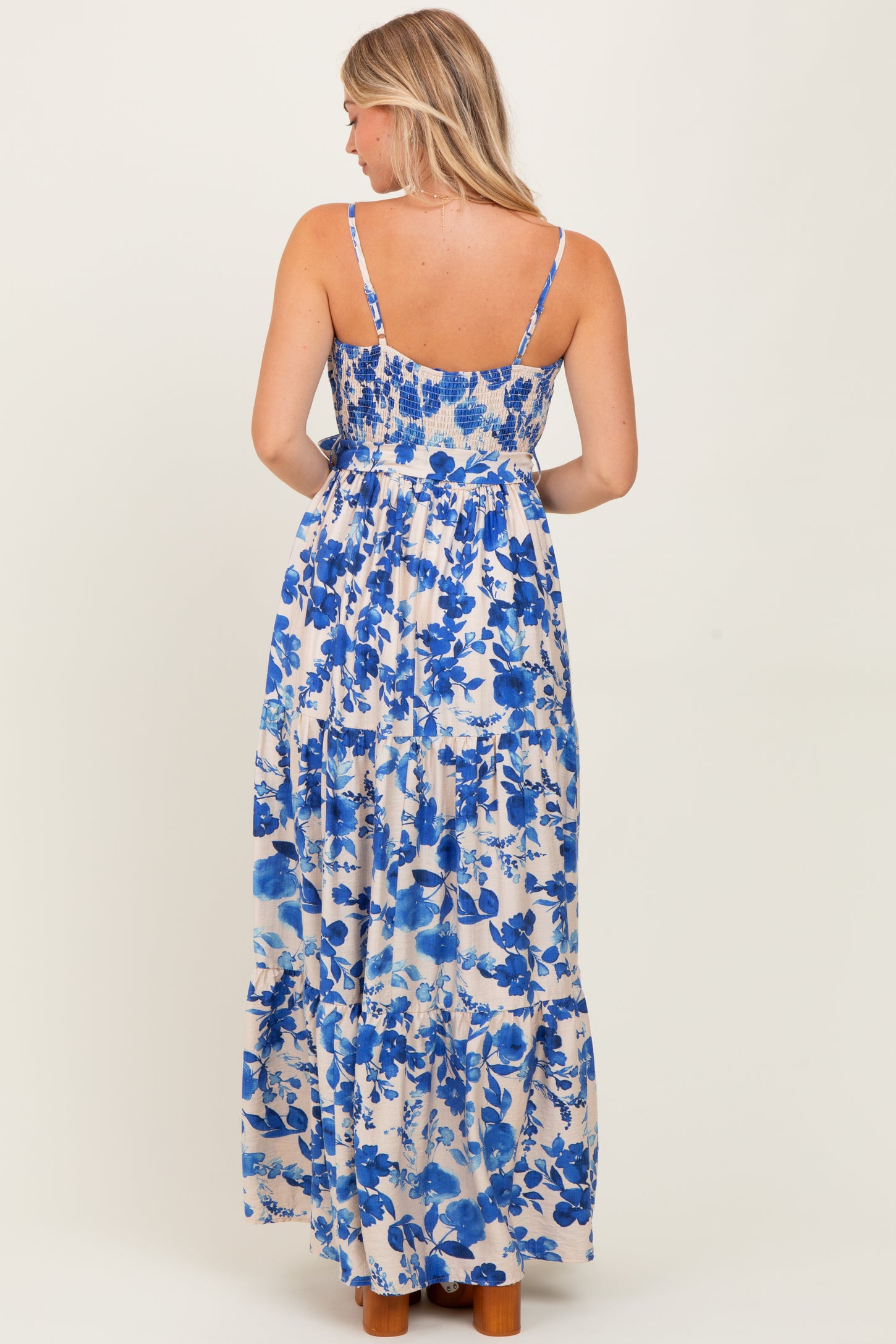 Blue Floral Tiered Sleeveless Sash Tie Maxi Dress – PinkBlush