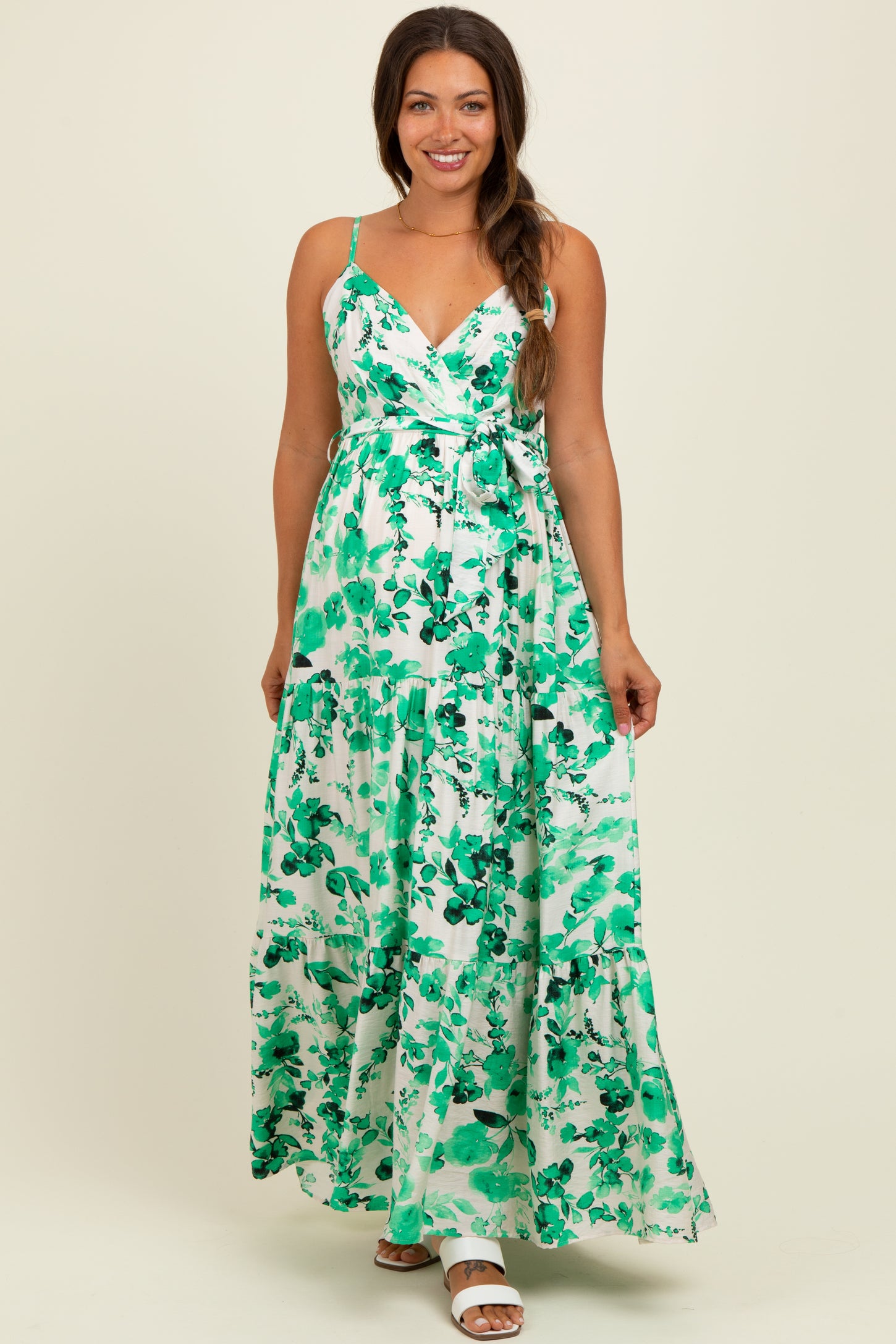 Green Floral Tiered Sleeveless Sash Tie Maternity Maxi Dress
