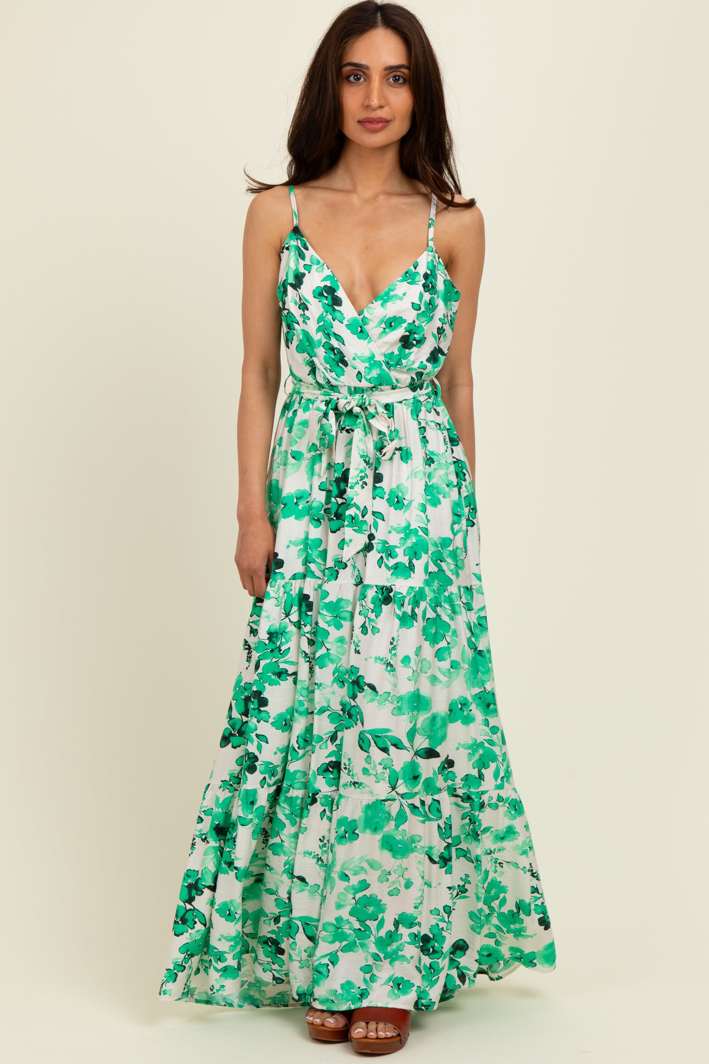 Green Floral Tiered Sleeveless Sash Tie Maxi Dress – PinkBlush