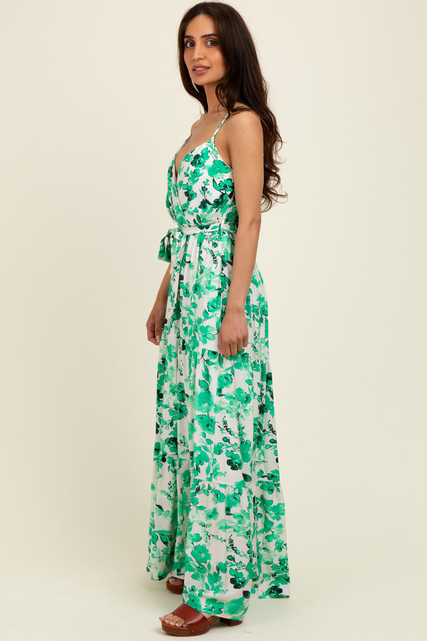 Green Floral Tiered Sleeveless Sash Tie Maxi Dress PinkBlush Green Floral Tiered Sleeveless Sash Tie Maxi Dress PinkBlush
