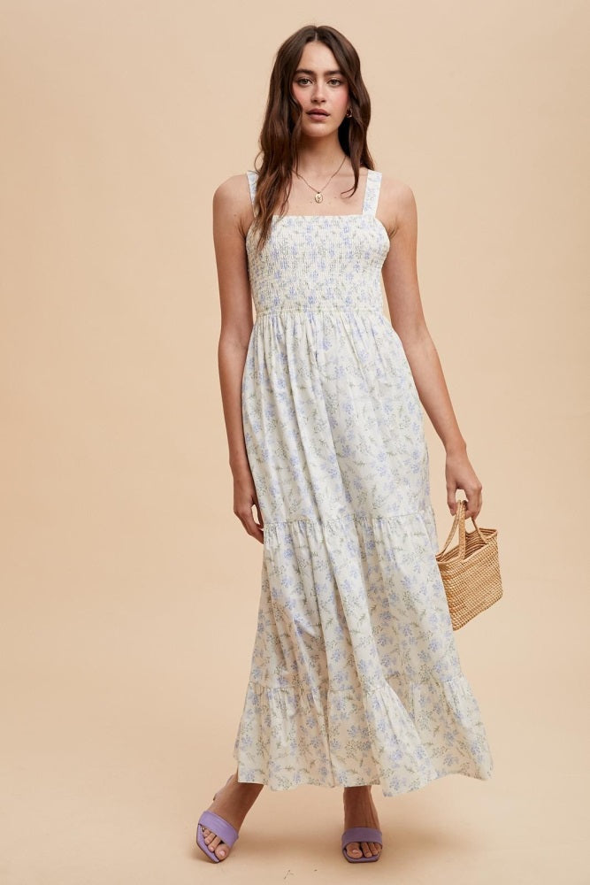Light Blue Smocked Cotton Floral Sleeveless Maxi Dress