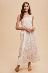 Light Pink Smocked Cotton Floral Sleeveless Maxi Dress