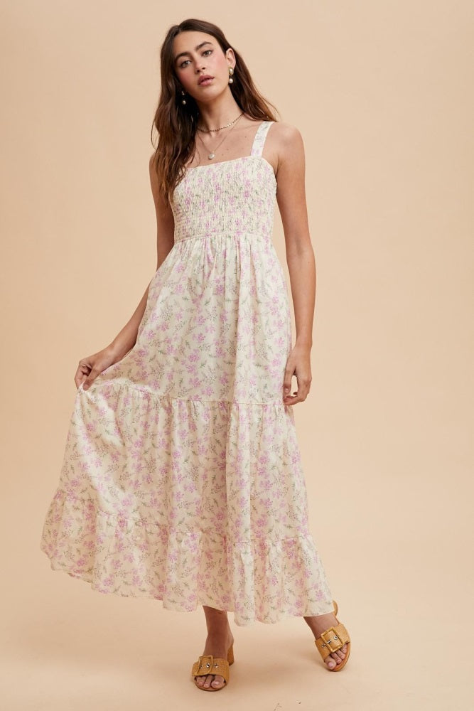 Light Pink Smocked Cotton Floral Sleeveless Maxi Dress